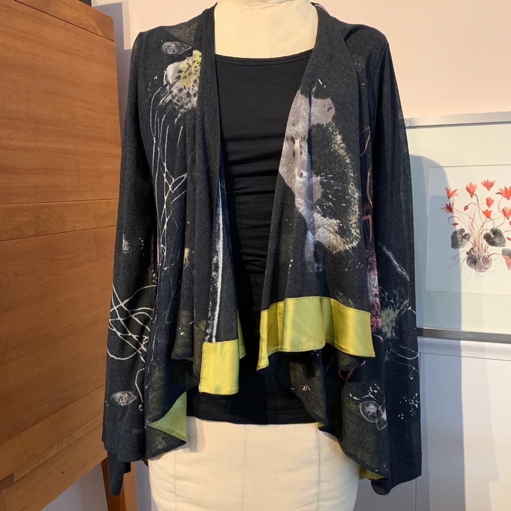 ANTHRO sheer cardigan with chartreuse silk trim